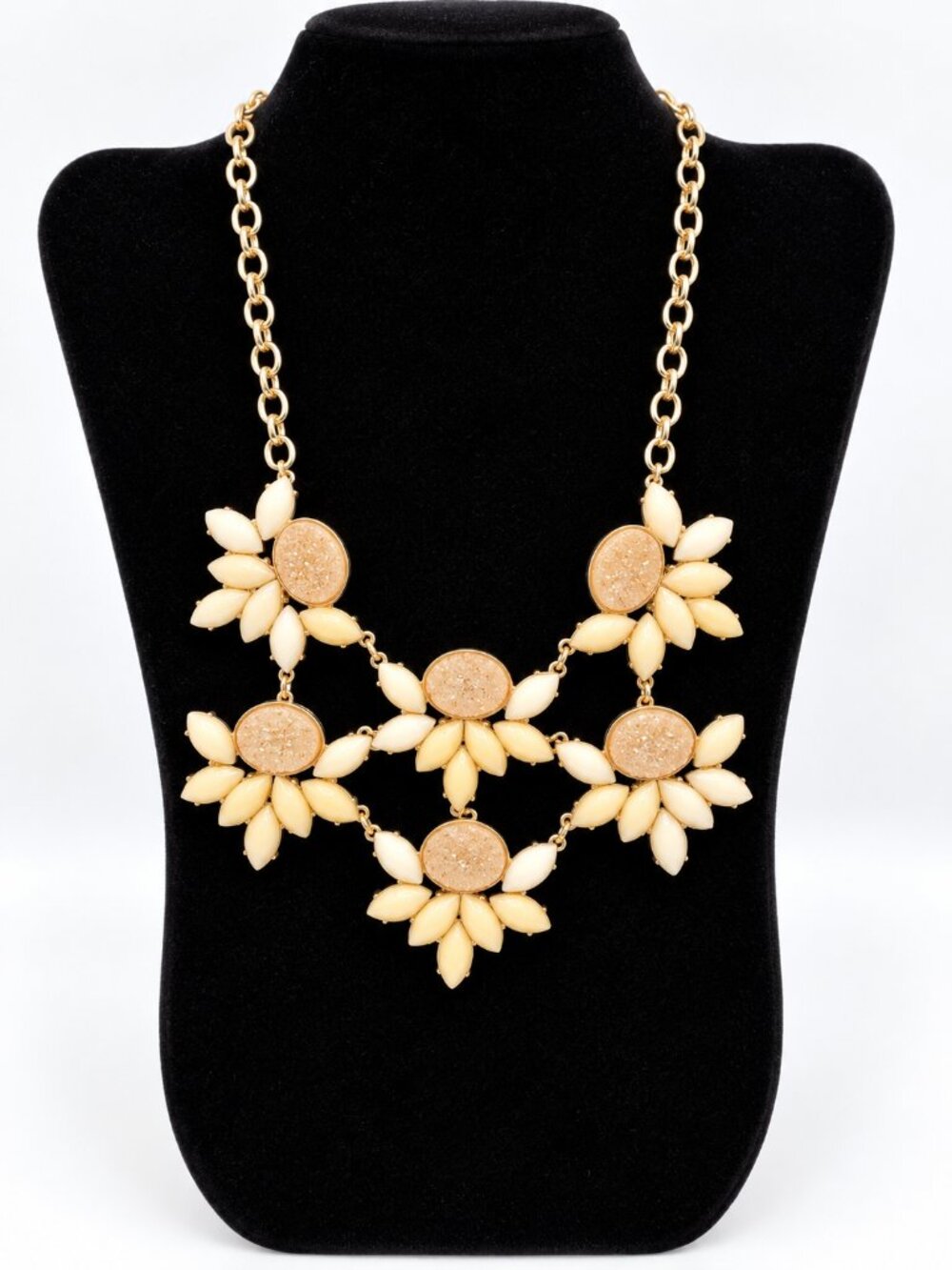 NY Cream Floral Druzy Gold Tone Statement Bib Necklace
